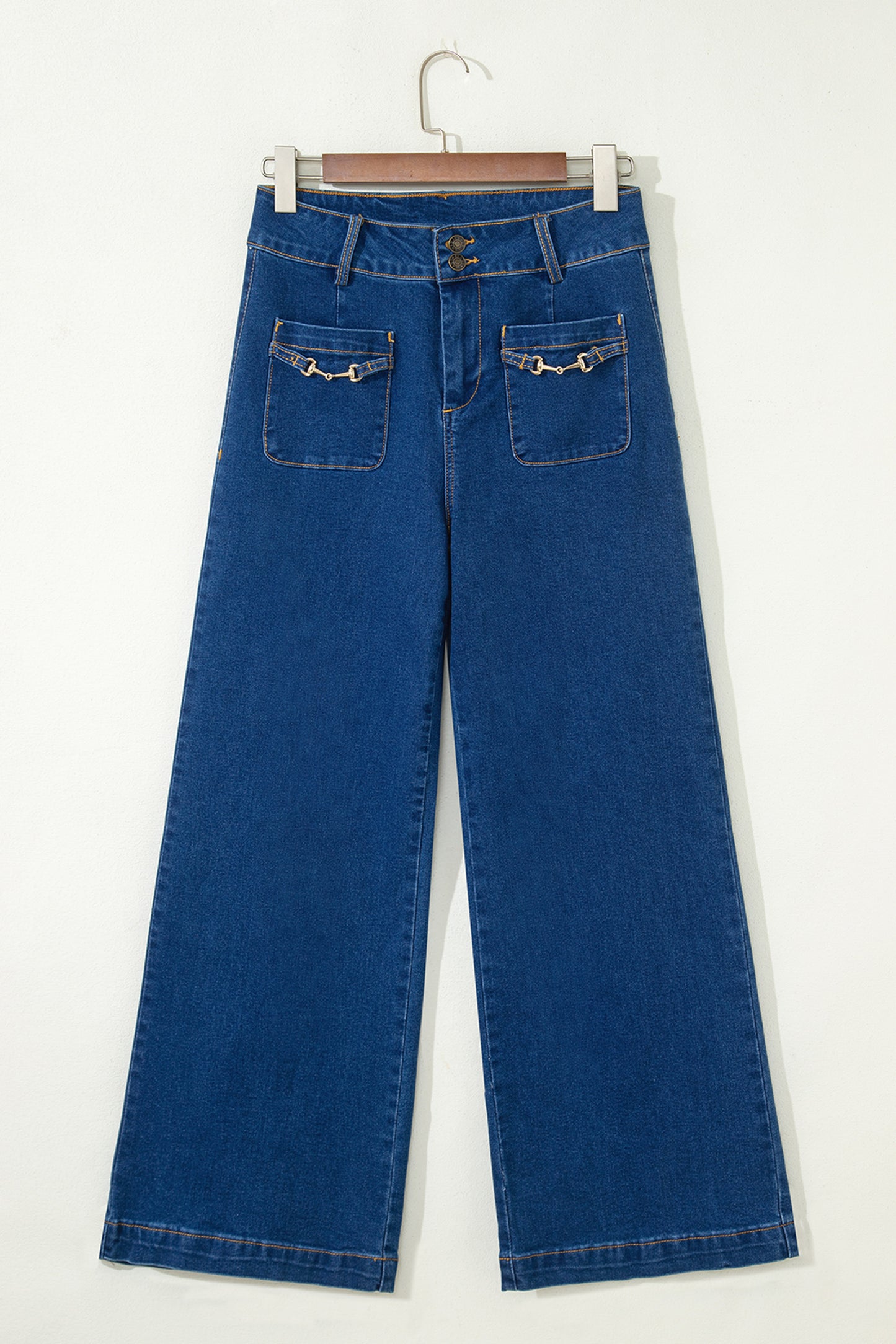 Sail Blue Hardware Decor Patched Pockets Wide Leg Jean Pants