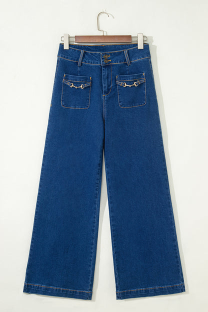 Sail Blue Hardware Decor Patched Pockets Wide Leg Jean Pants