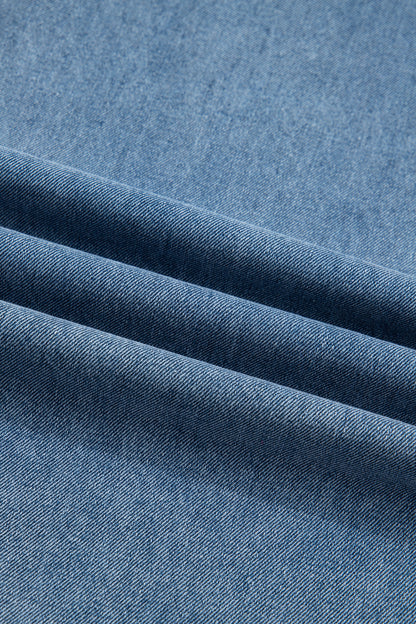 Dusk Blue Pleated Wide Leg Retro Pocketed Denim Jumpsuit