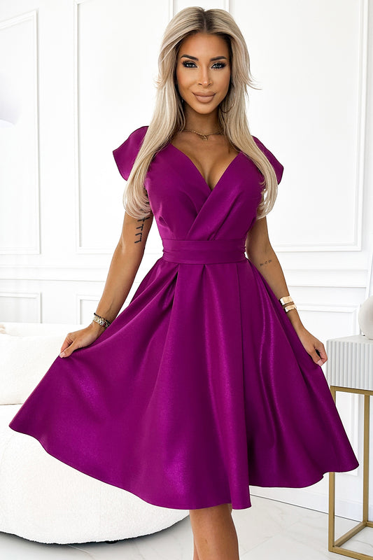 348-8 SCARLETT flared dress with a neckline - fuchsia with glitter