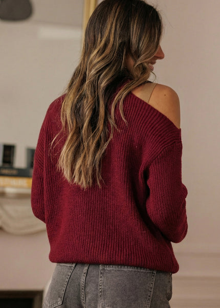Burgundy Lace Bowknot Asymmetric Neck Sweater