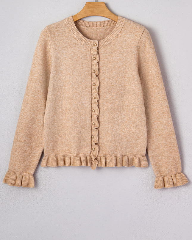 Oatmeal Ruffle Trim Gold Button Sweater Cardigan