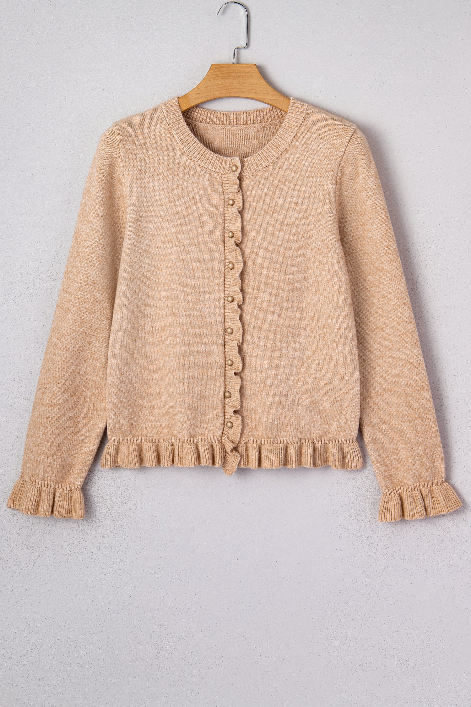 Oatmeal Ruffle Trim Gold Button Sweater Cardigan