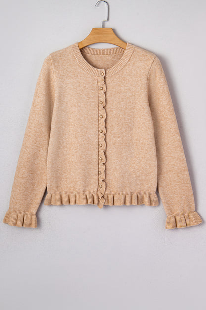 Oatmeal Ruffle Trim Gold Button Sweater Cardigan