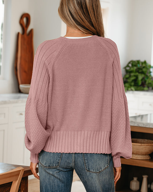 Goat Mixed Texture Knit Button V Neck Sweater Cardigan