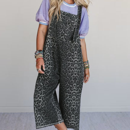 Gray Leopard Print Button Adjustable Straps Cropped Loose Denim Overalls