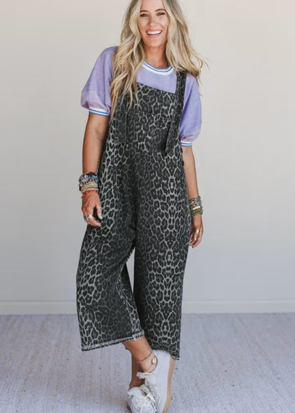 Gray Leopard Print Button Adjustable Straps Cropped Loose Denim Overalls