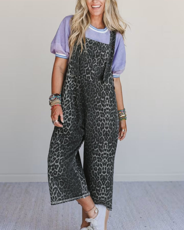 Gray Leopard Print Button Adjustable Straps Cropped Loose Denim Overalls