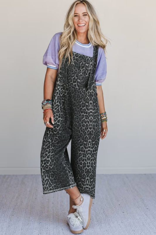 Gray Leopard Print Button Adjustable Straps Cropped Loose Denim Overalls