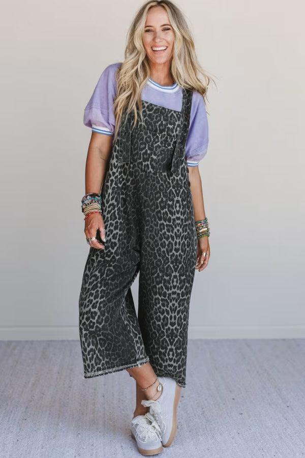 Gray Leopard Print Button Adjustable Straps Cropped Loose Denim Overalls