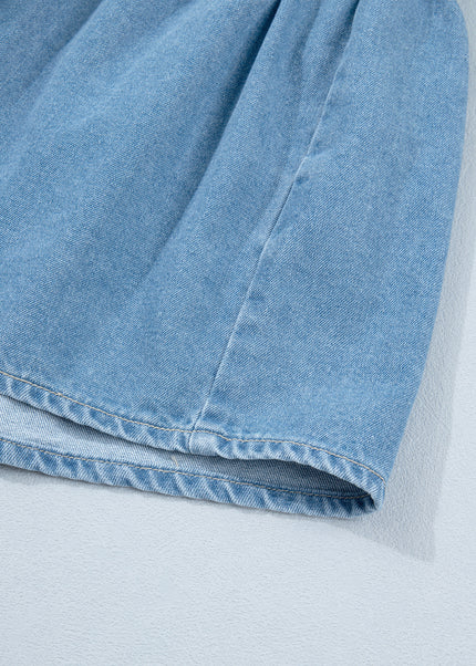 Beau Blue Button Down Short Puff Sleeve Ruffle Hem Patchwork Denim Dress