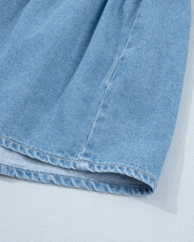Beau Blue Button Down Short Puff Sleeve Ruffle Hem Patchwork Denim Dress
