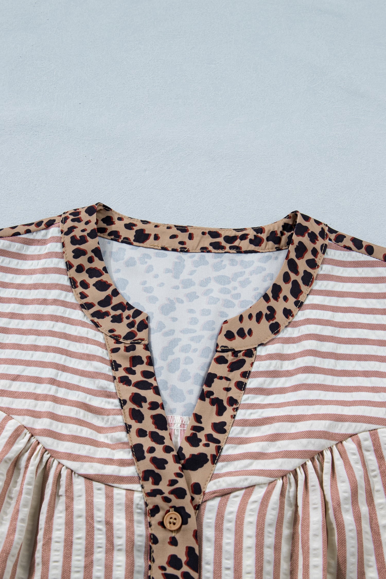 Sky Blue Stripe Leopard Trim V Neck Button Down Half Sleeve Shirt