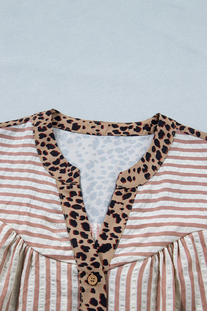 Sky Blue Stripe Leopard Trim V Neck Button Down Half Sleeve Shirt