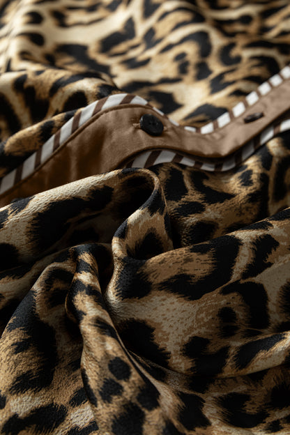 Brown Leopard Collared 3/4 Sleeve Shirt and Loose Pants Two Piece Outfit Set