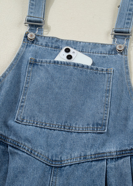 Dusk Blue Pleated Wide Leg Retro Pocketed Denim Jumpsuit
