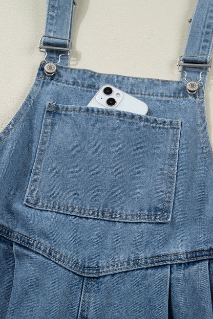 Dusk Blue Pleated Wide Leg Retro Pocketed Denim Jumpsuit