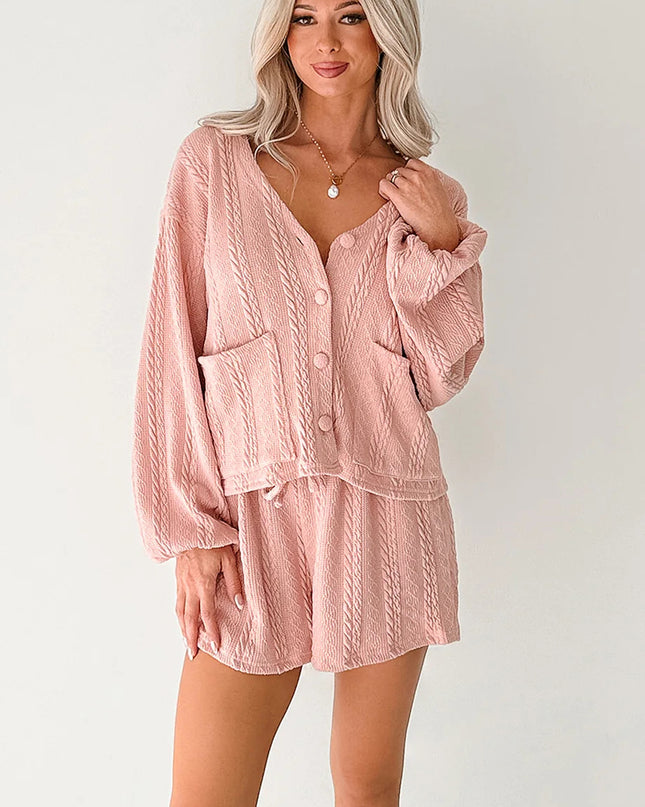 Gossamer Pink Cable Knit V Neck Cardigan Shorts Set