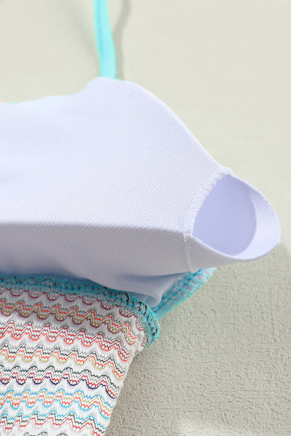 Peach Blossom Striped Patchwork Spaghetti Strap High Waist Bikini Swimsuit