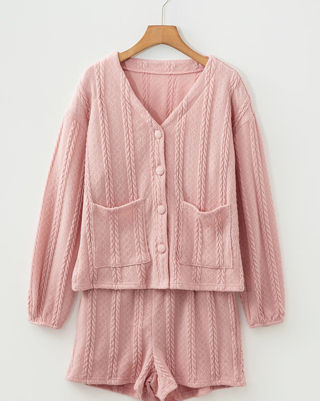 Gossamer Pink Cable Knit V Neck Cardigan Shorts Set