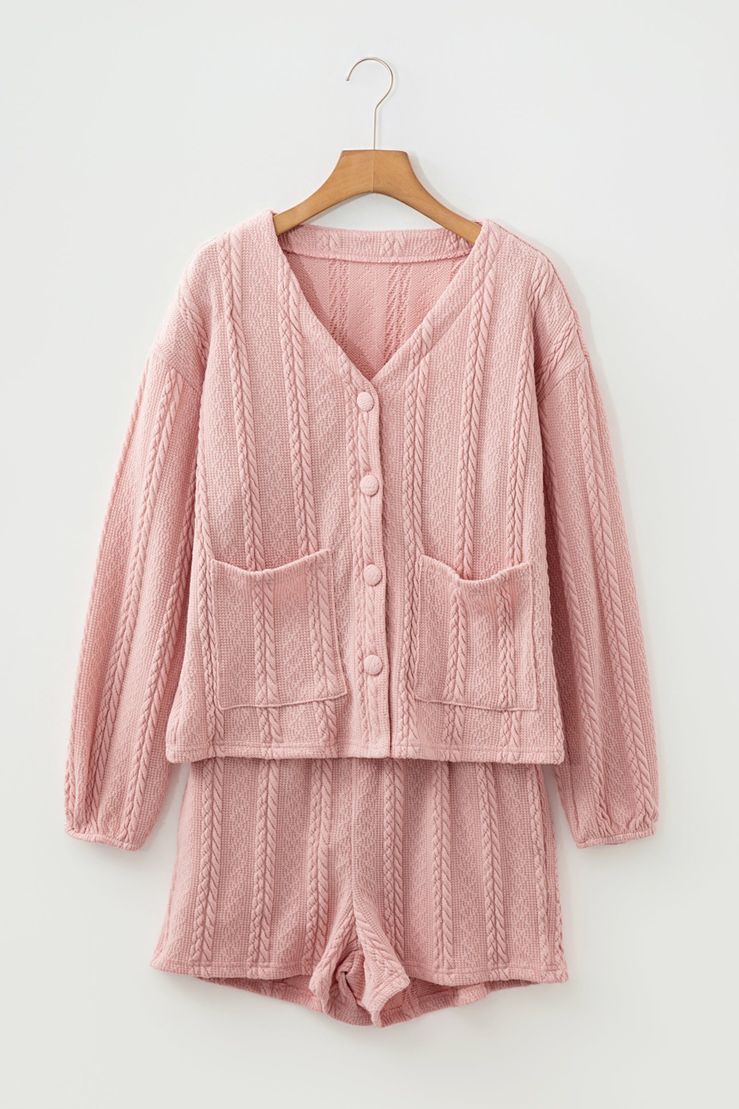 Gossamer Pink Cable Knit V Neck Cardigan Shorts Set