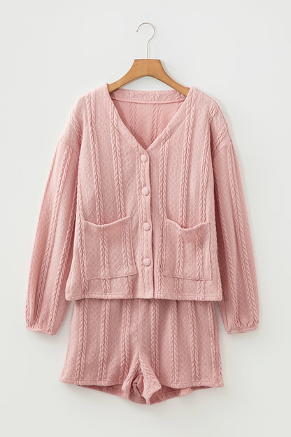 Gossamer Pink Cable Knit V Neck Cardigan Shorts Set