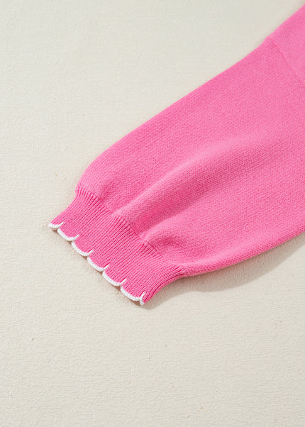 Sachet Pink Big Ribbon Bow Print Contrast Stitch Trim Drop Shoulder Sweater