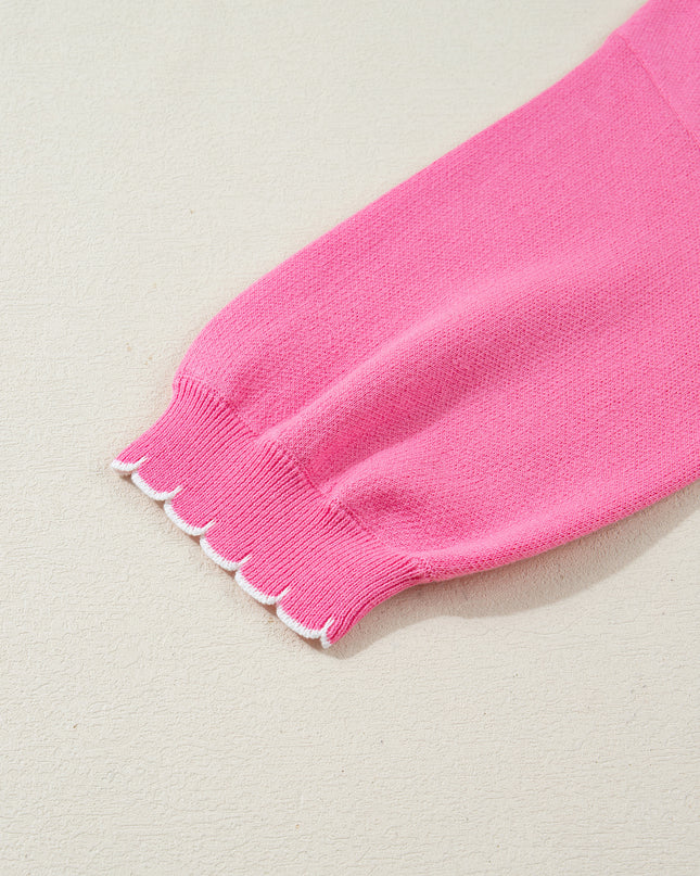 Sachet Pink Big Ribbon Bow Print Contrast Stitch Trim Drop Shoulder Sweater