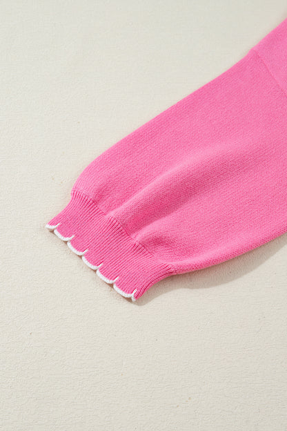 Sachet Pink Big Ribbon Bow Print Contrast Stitch Trim Drop Shoulder Sweater