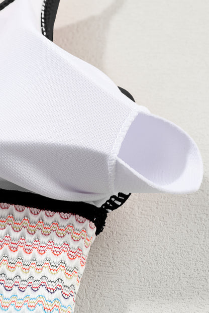 Peach Blossom Striped Patchwork Spaghetti Strap High Waist Bikini Swimsuit