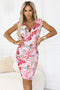 379-6 BOYKA Fitted Midi Dress with Wrap Neckline - White with Pink Flowers