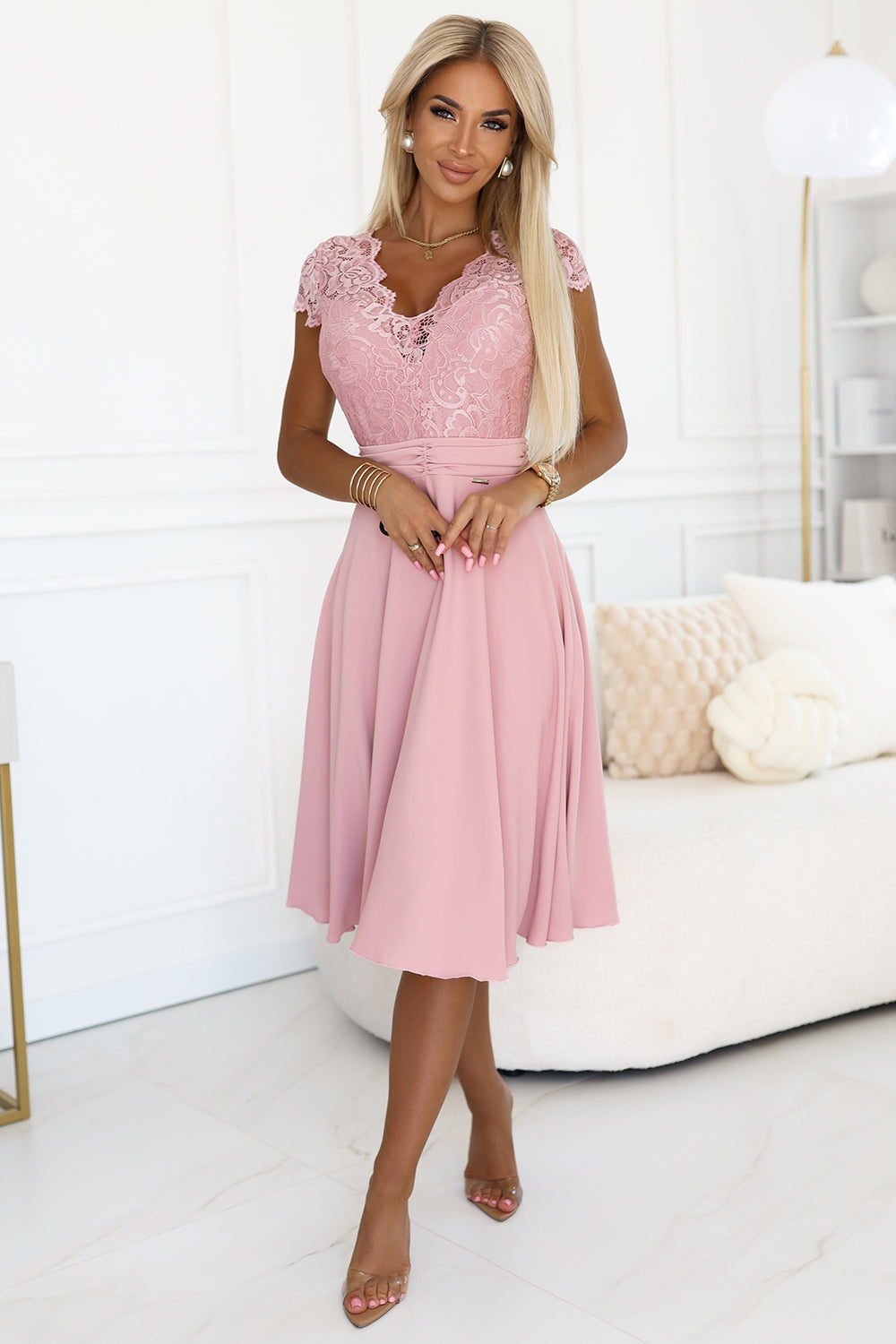 381-6 LINDA - chiffon dress with lace neckline - dirty pink
