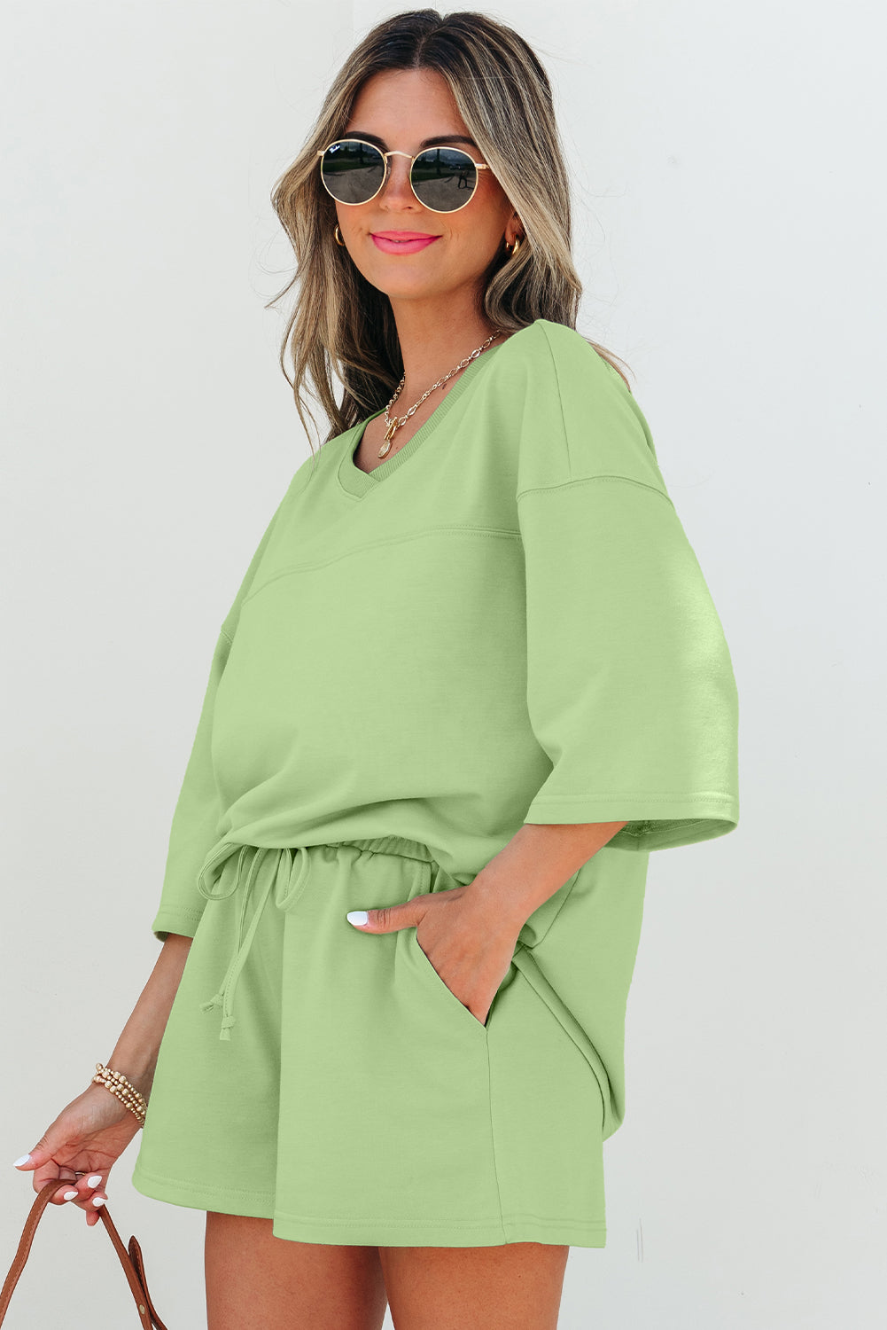 Meadow Mist Green Solid Loose V Neck Half Sleeve Tee and Shorts Set