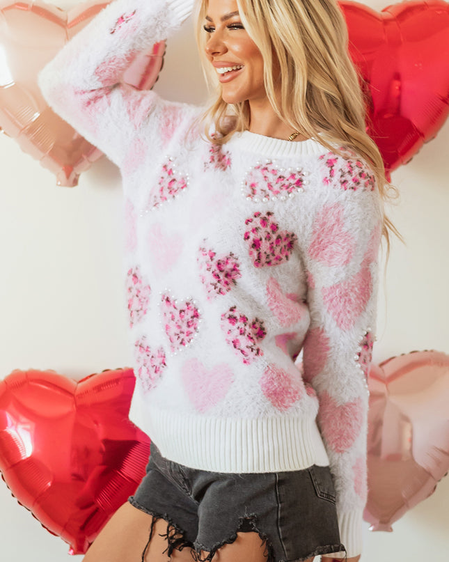 Pink Heart Leopard Print Pearled Ribbed Trim Fuzzy Sweater