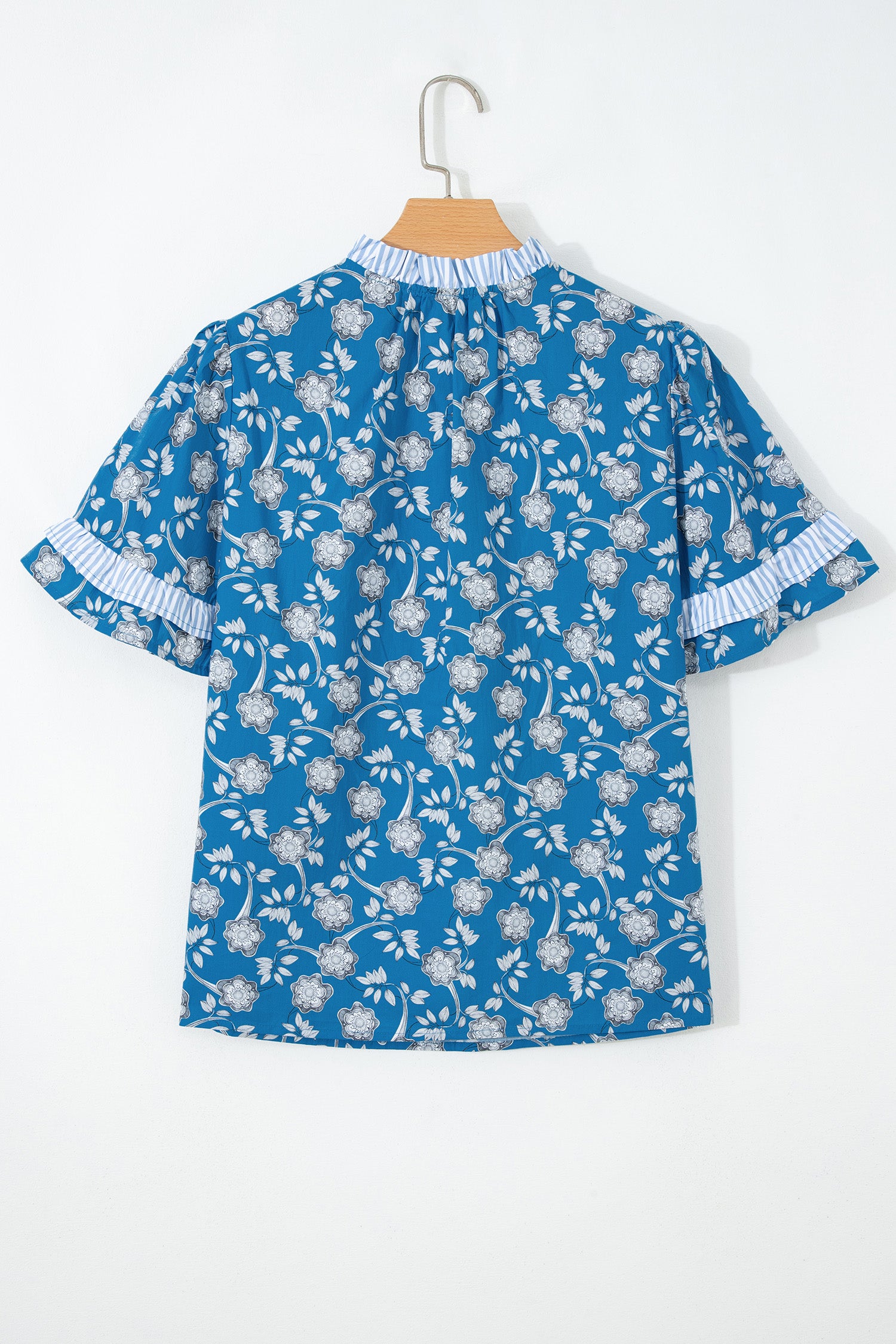 Blue Floral Print Button Tie Neck Striped Detail Short Sleeve Blouse