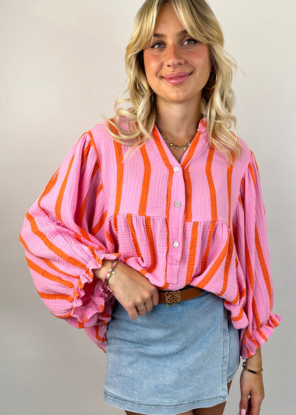 Orange Stripe Crinckled Ruffled Sleeve Button up Loose Shirt