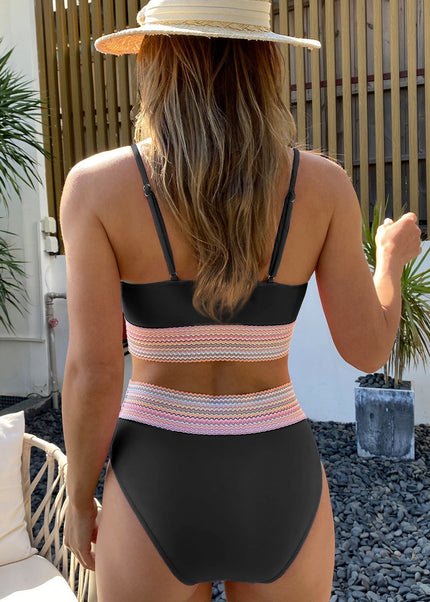 Peach Blossom Striped Patchwork Spaghetti Strap High Waist Bikini Swimsuit
