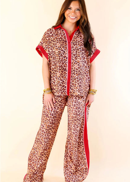 Brown Contrast Trim Leopard Top and Pant Set