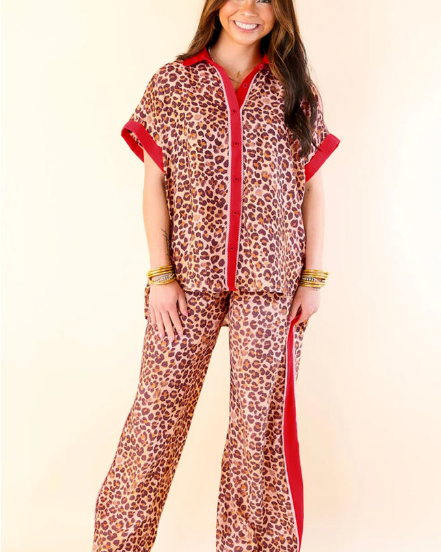 Brown Contrast Trim Leopard Top and Pant Set