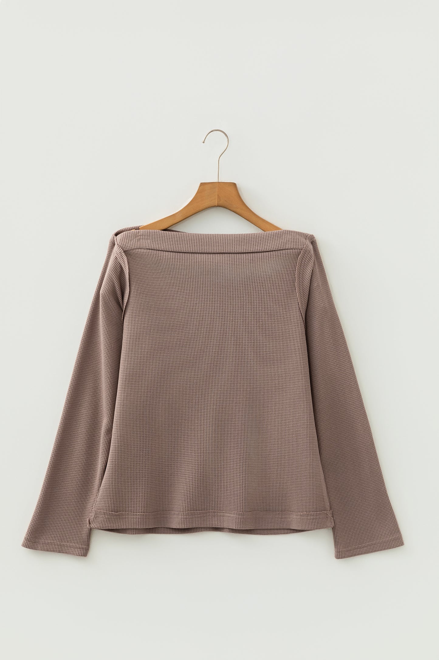 Beige Solid Color Waffle Knit Asymmetric Neck Long Sleeve Top