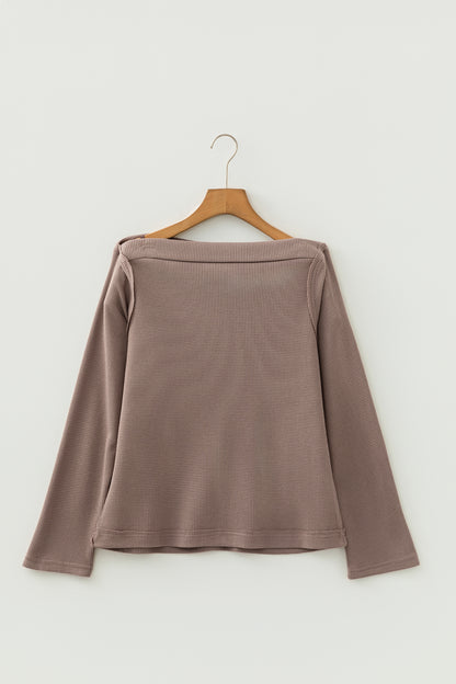 Beige Solid Color Waffle Knit Asymmetric Neck Long Sleeve Top