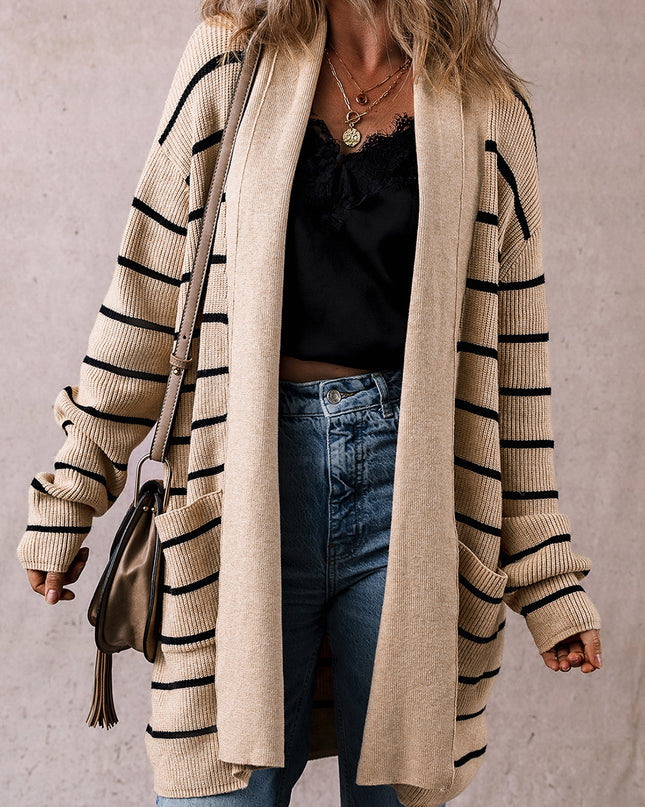 Black Stripe Shawl Neckline Open Cardigan with Pockets