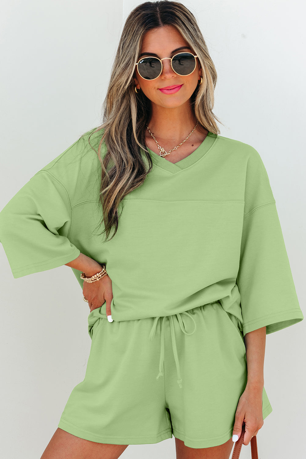 Meadow Mist Green Solid Loose V Neck Half Sleeve Tee and Shorts Set