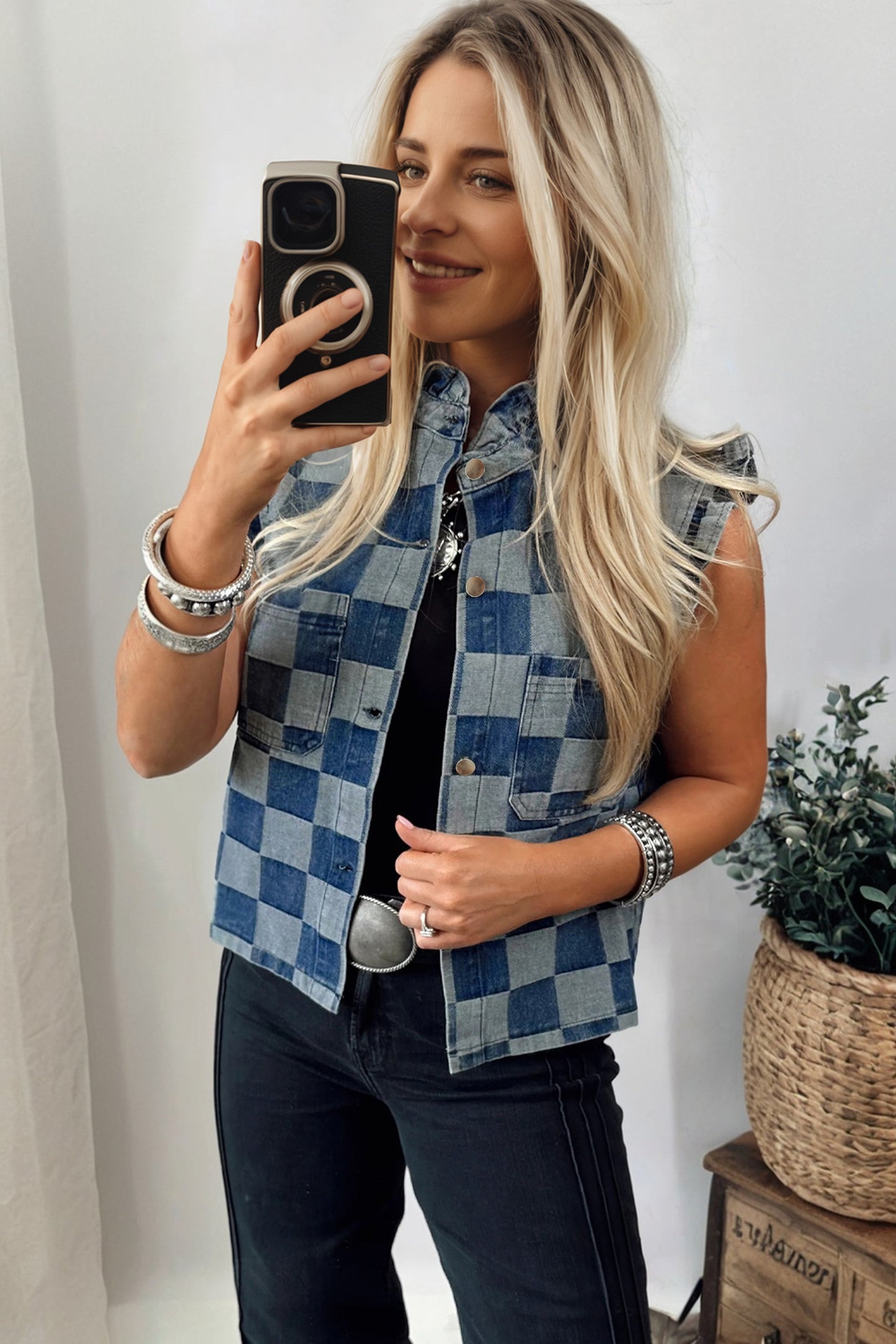 Beau Blue Checkered Ruffle Trim Button Down Denim Vest