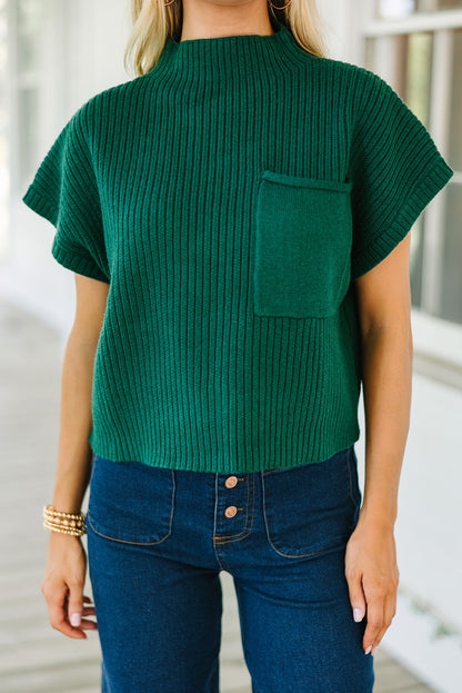 Oatmeal Patch Pocket Ribbed Knit Short Sleeve Sweater