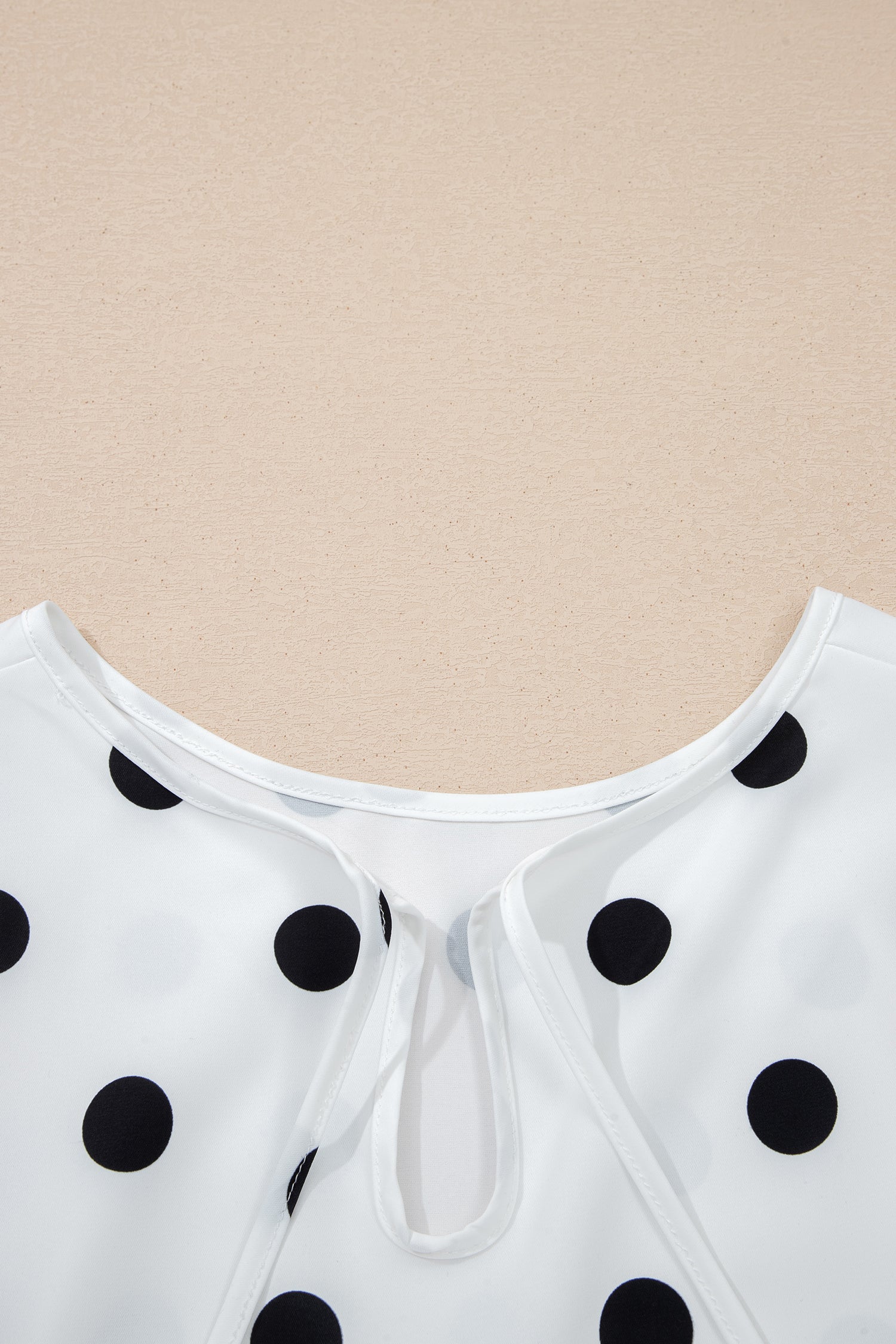 White Polka Dot Print Round Neck Frilled Long Sleeve Blouse