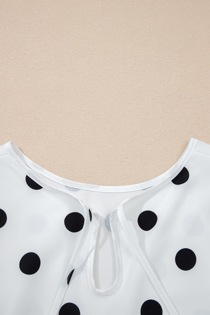 White Polka Dot Print Round Neck Frilled Long Sleeve Blouse