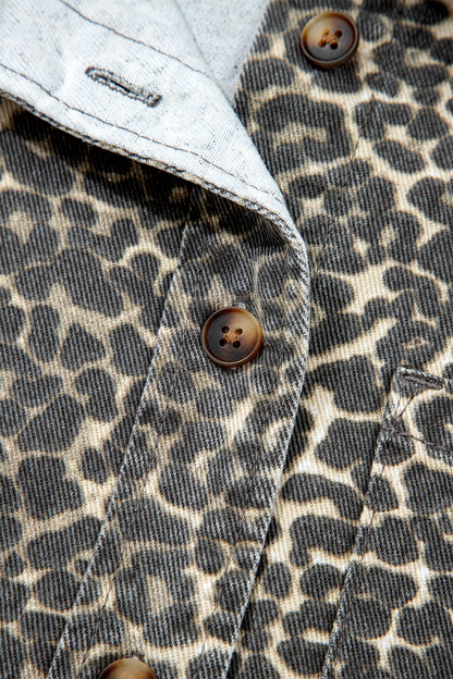 Gray Vintage Leopard Print Short Sleeve Loose Cotton Denim Shirt