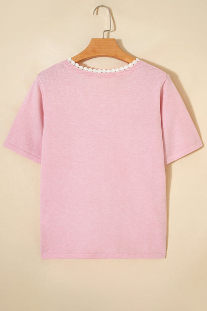 Strawberry Pink Lacy V Neckline Short Sleeve Sweater