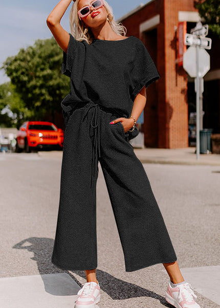 Black Textured Loose Fit T Shirt and Drawstring Pants Set